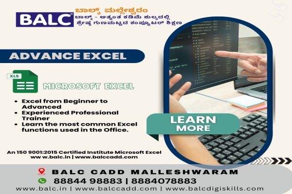 Power Up Your Productivity by leaning Advance Excel at BALC Training Center in MALLESHWARAM.